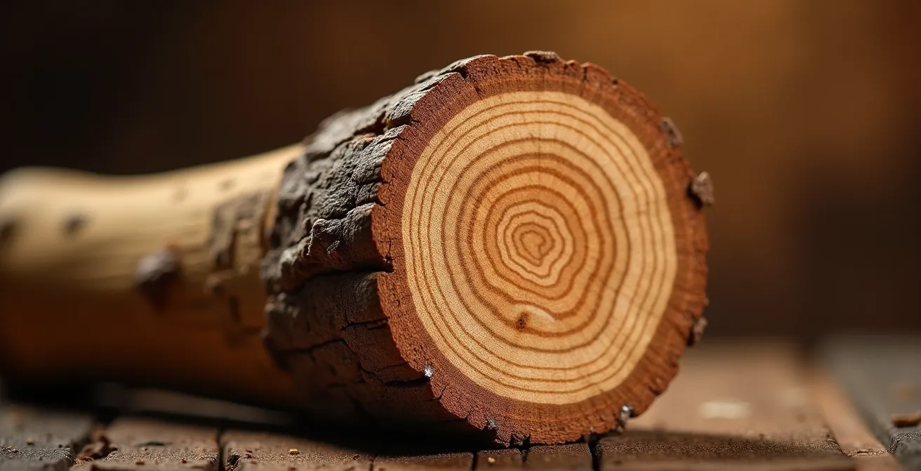Détail macro de la texture du bois hickory d'une baguette